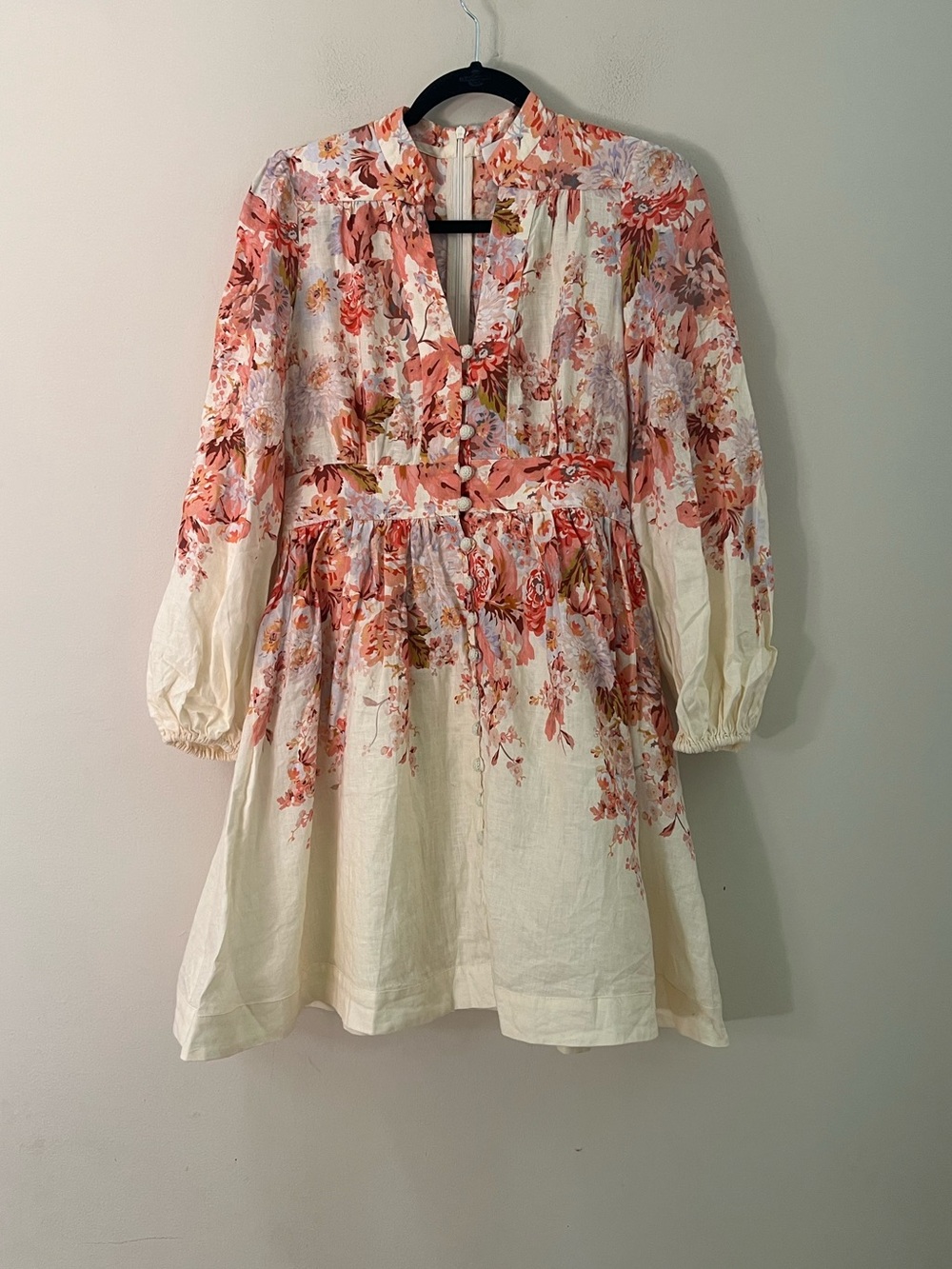 Zimmermann Pink and White Floral Puff-Sleeve Devi plunge Mini Dress - Picture 5 of 16